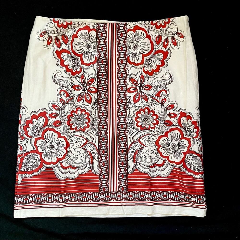 Ann Taylor LOFT 2P White & Cranberry Red Floral Borderβ Poplin Skirt